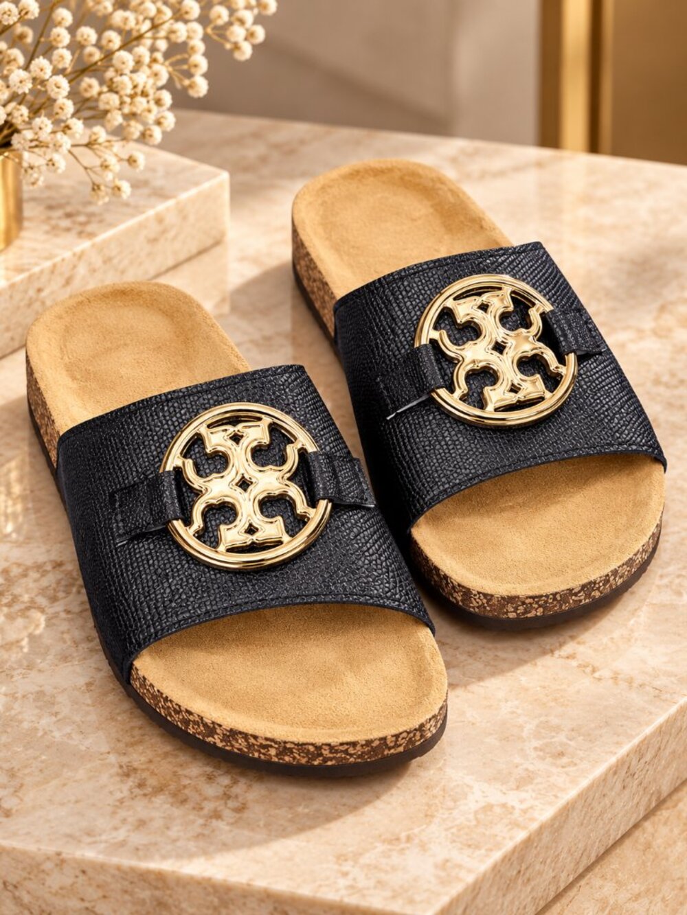 Black Textured Slide Sandals Gold Medallion Cork Footbed Comfort Flats EU 39